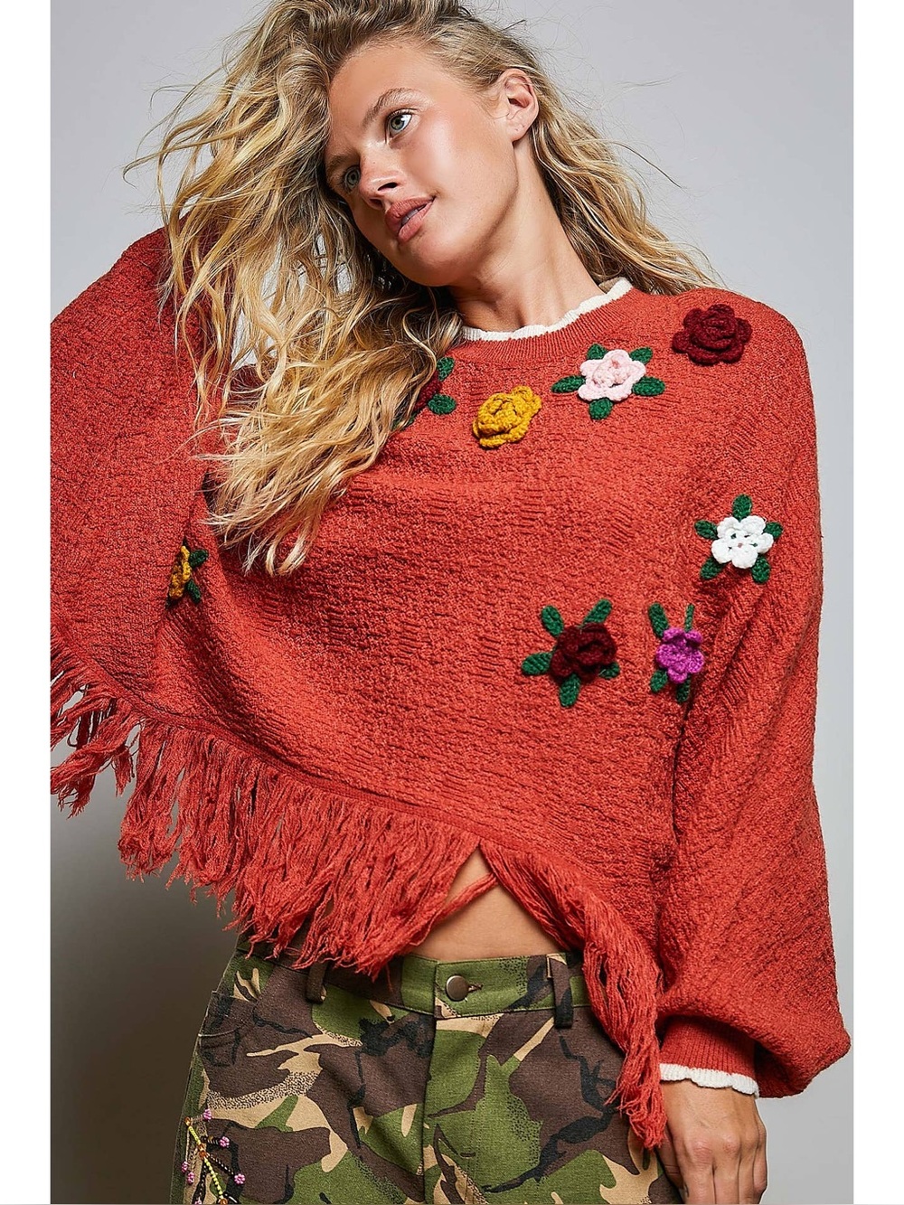 POL Rust Crochet Floral Fringe Hem Boho Oversized Sweater